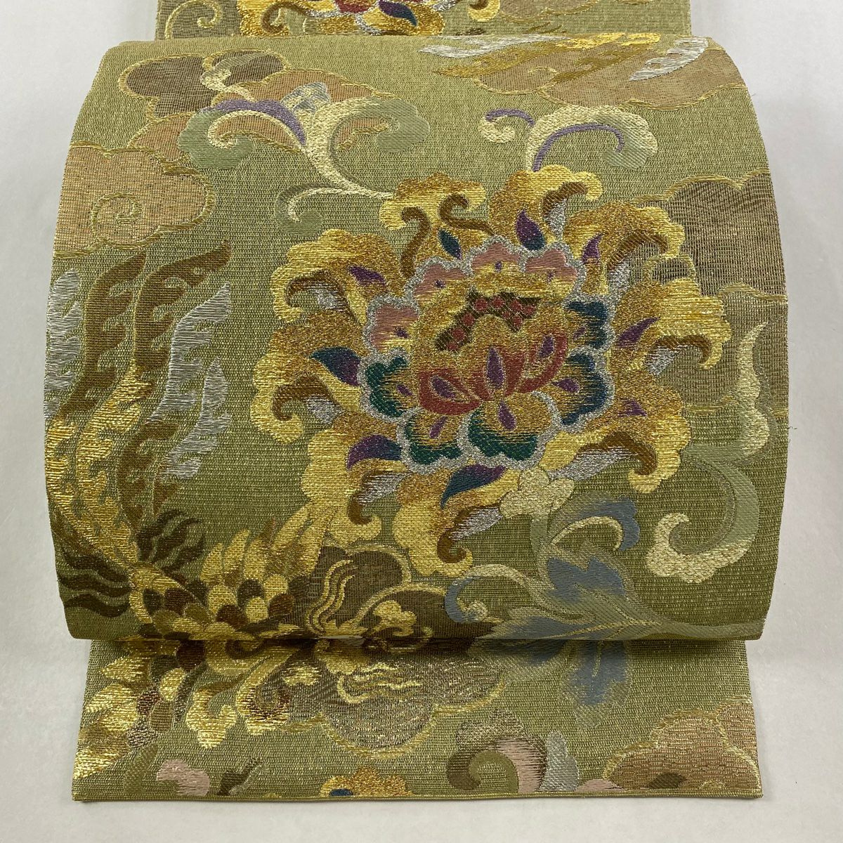 【美品】 袋帶 名品級 關西仕立 草花紋紋 雲文 金銀彩 金金箔 灰綠 六通 純蠶絲