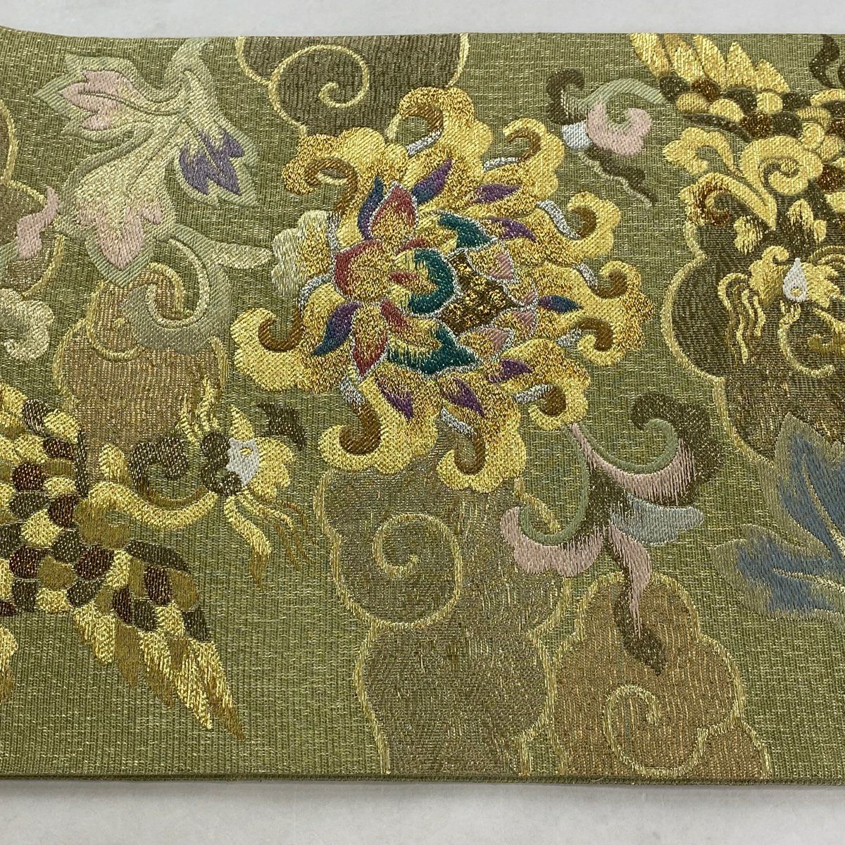 【美品】 袋帶 名品級 關西仕立 草花紋紋 雲文 金銀彩 金金箔 灰綠 六通 純蠶絲