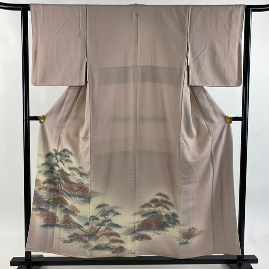 色留袖禮服 身長154.5cm 袖長62.5cm S 雙層 建物 松樹 金銀彩 漸層 淡粉色 純蠶絲 優品級 一個紋