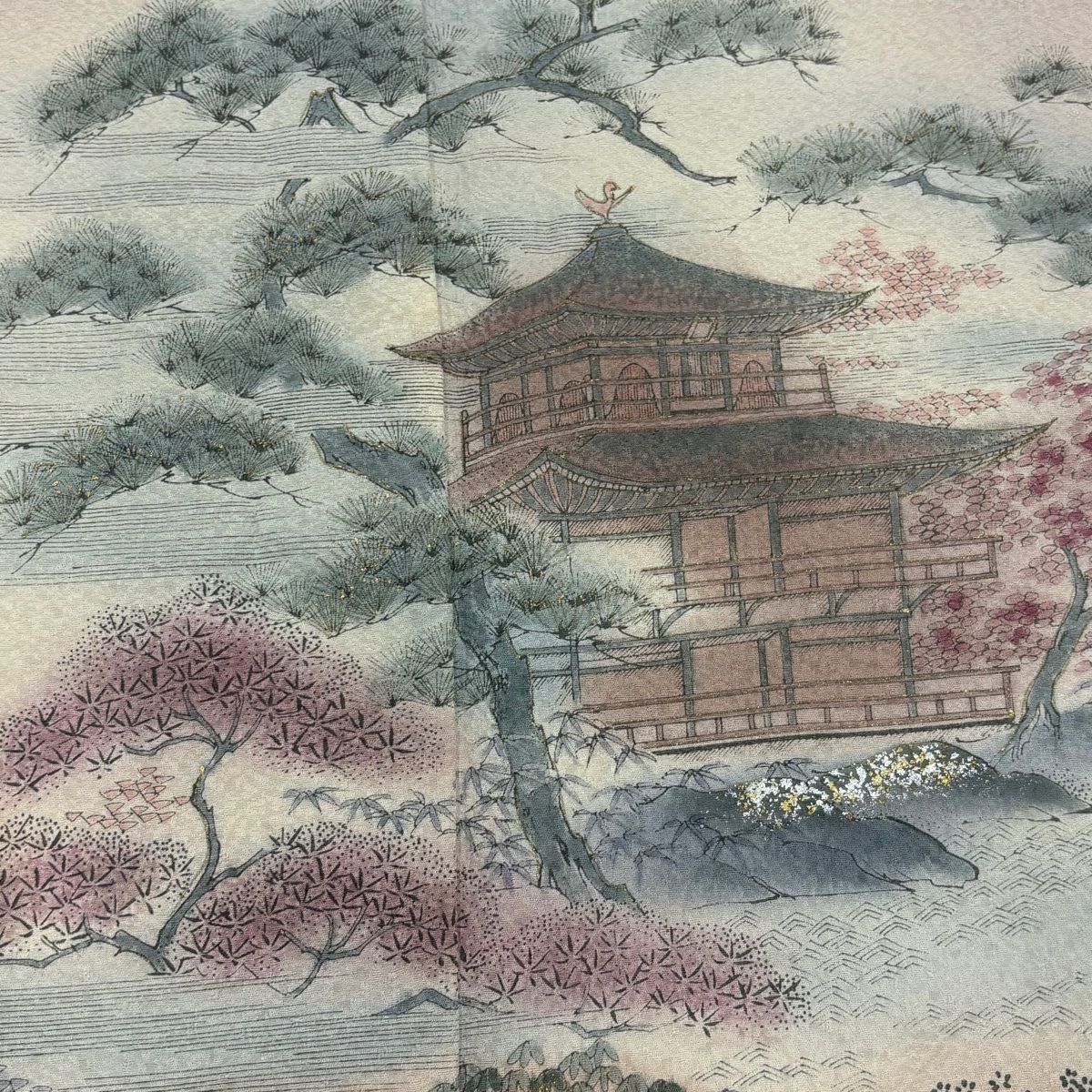 色留袖禮服 身長154.5cm 袖長62.5cm S 雙層 建物 松樹 金銀彩 漸層 淡粉色 純蠶絲 優品級 一個紋
