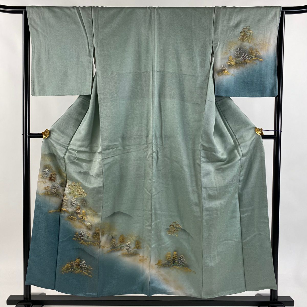 付下 身長155cm 袖長64.5cm M 雙層 扇子 建物 金絲 金銀彩 灰綠 純蠶絲 優品級