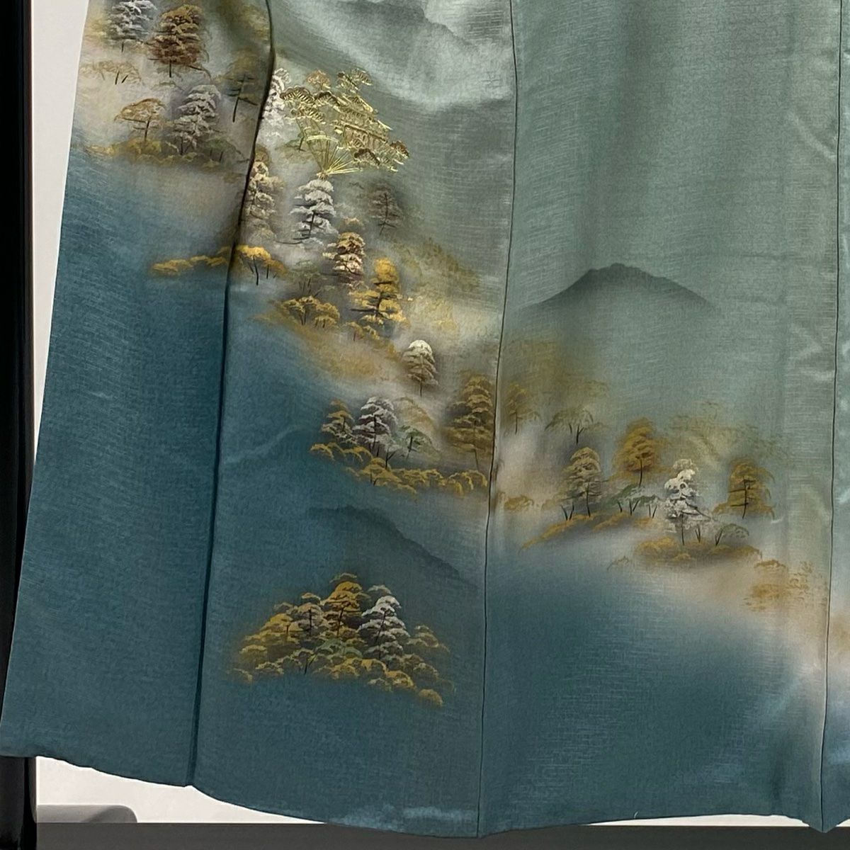 付下 身長155cm 袖長64.5cm M 雙層 扇子 建物 金絲 金銀彩 灰綠 純蠶絲 優品級
