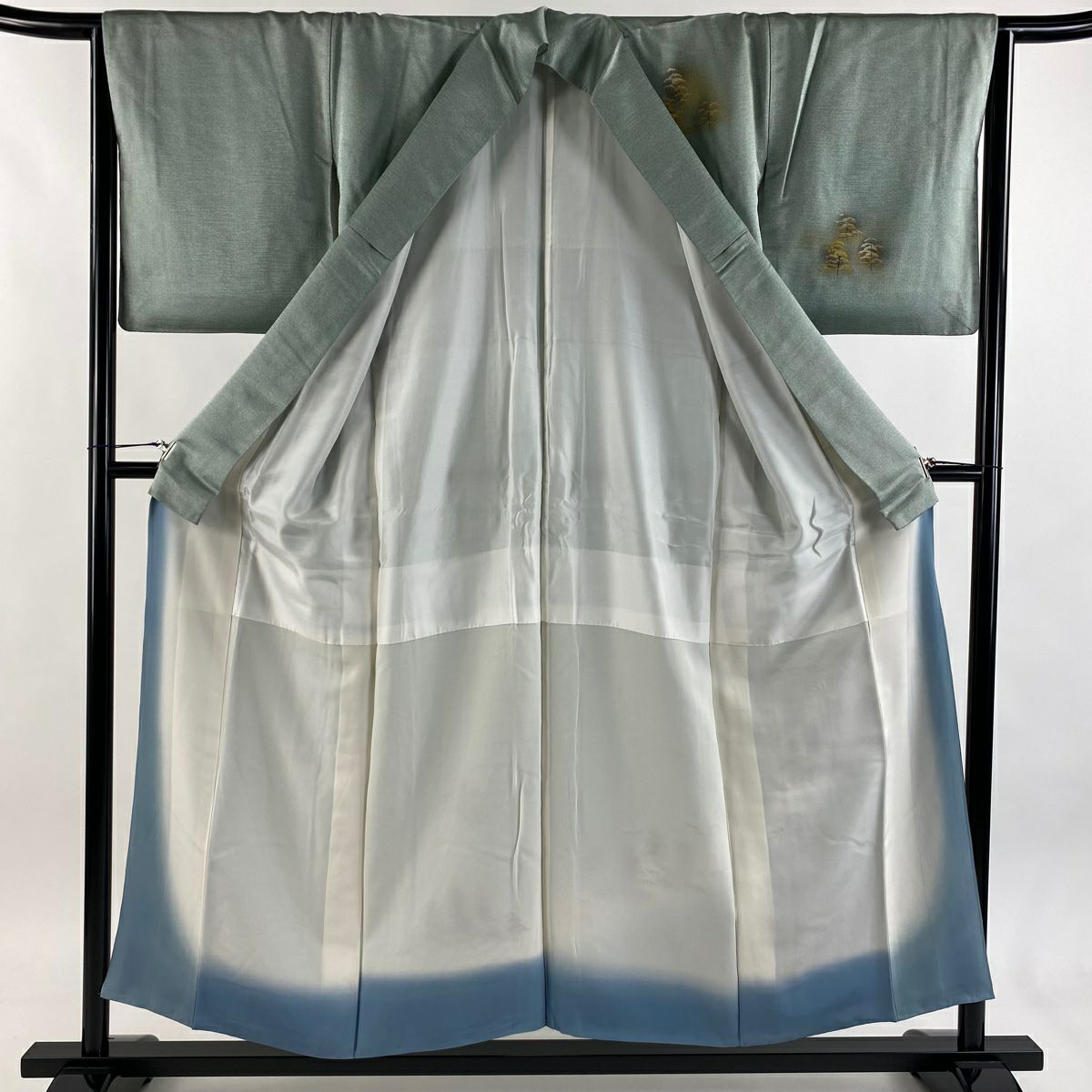 付下 身長155cm 袖長64.5cm M 雙層 扇子 建物 金絲 金銀彩 灰綠 純蠶絲 優品級