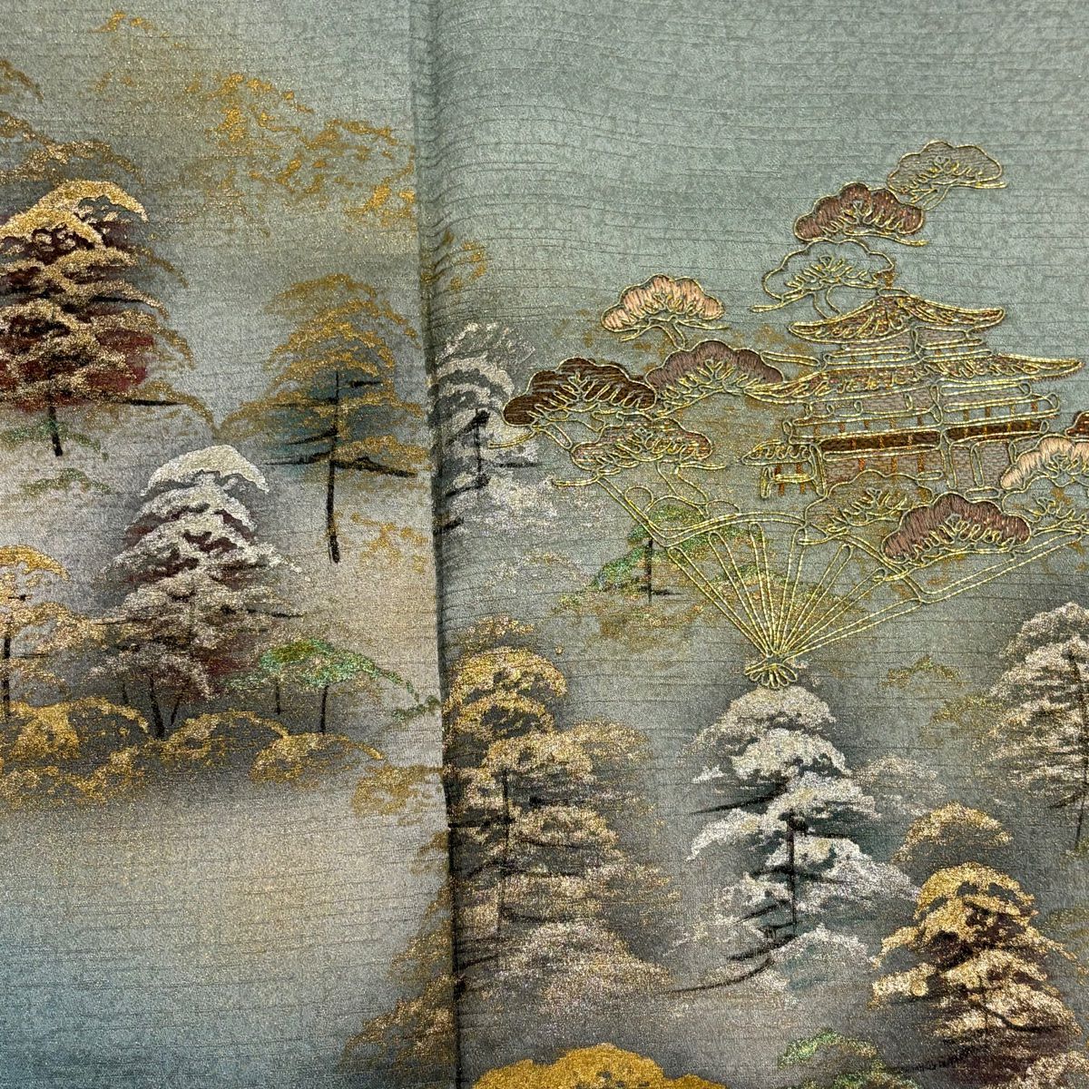 付下 身長155cm 袖長64.5cm M 雙層 扇子 建物 金絲 金銀彩 灰綠 純蠶絲 優品級