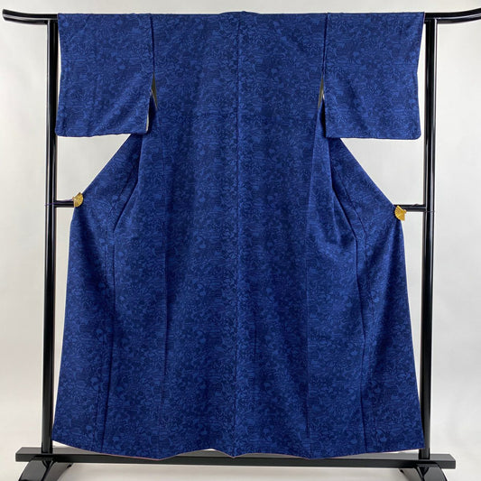 【美品】 小紋 身長154.5cm 袖長62.5cm S 雙層 草花紋紋 器物 深藍 純蠶絲 秀品級