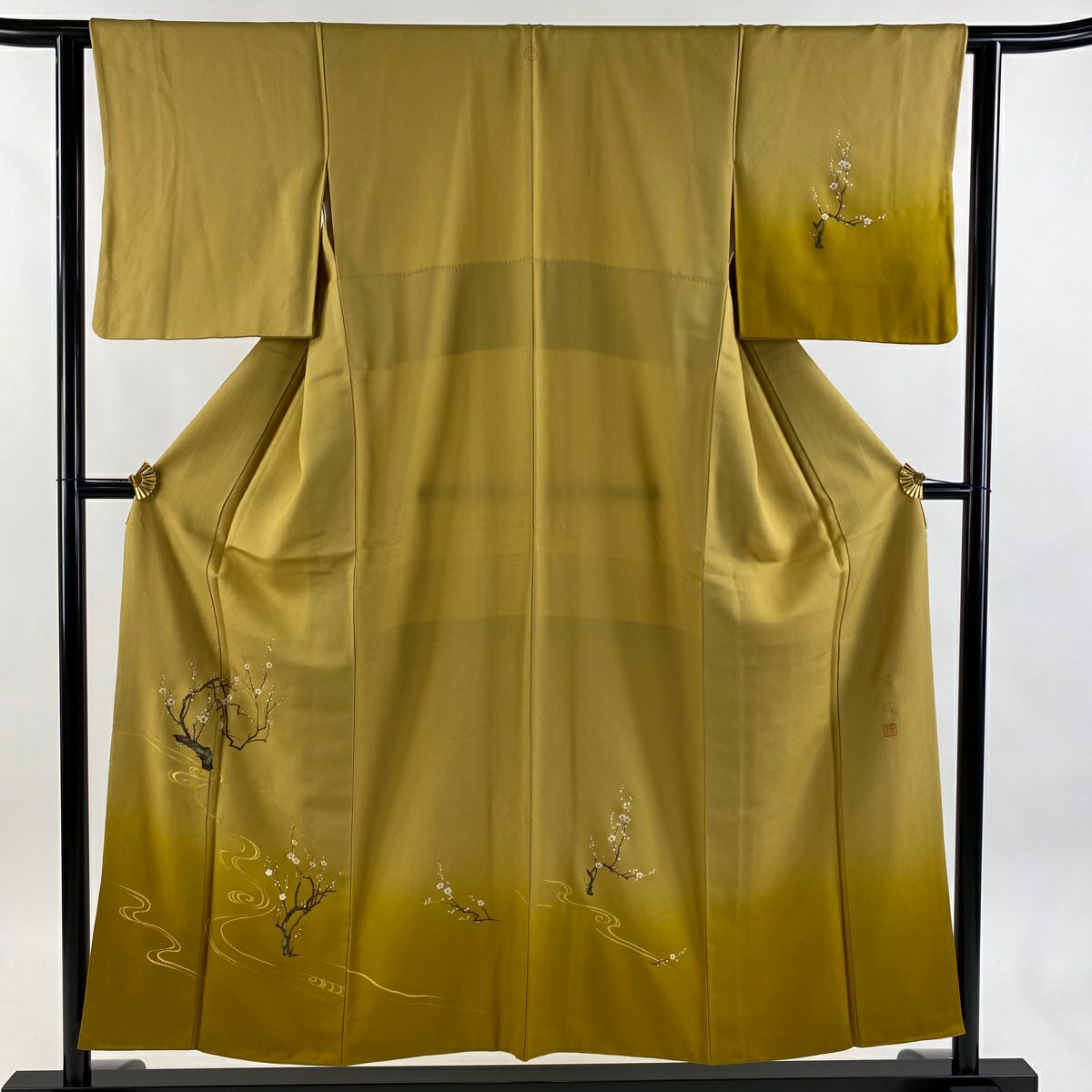【美品】 付下 身長154cm 袖長61.5cm S 雙層 落款あり 枝梅花 流水 金銀彩 ぼかし 山吹茶 純蠶絲 秀品級