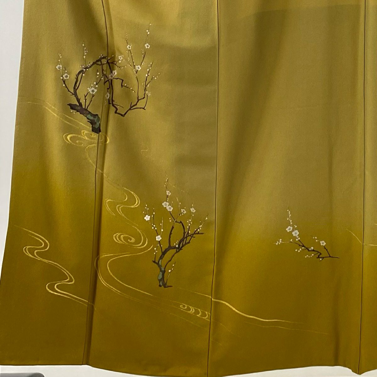 【美品】 付下 身長154cm 袖長61.5cm S 雙層 落款あり 枝梅花 流水 金銀彩 ぼかし 山吹茶 純蠶絲 秀品級