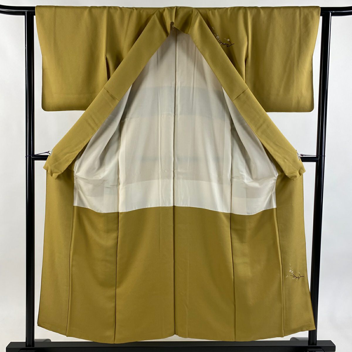 【美品】 付下 身長154cm 袖長61.5cm S 雙層 落款あり 枝梅花 流水 金銀彩 ぼかし 山吹茶 純蠶絲 秀品級