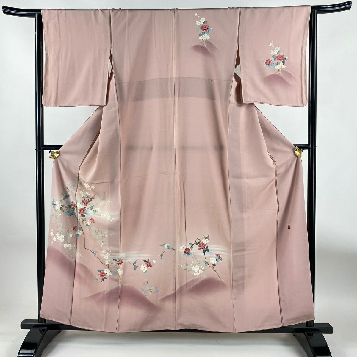 訪問服 身長158.5cm 袖長65cm M 雙層 落款あり 枝花 枝梅花 漸層 粉紅 純蠶絲 秀品級