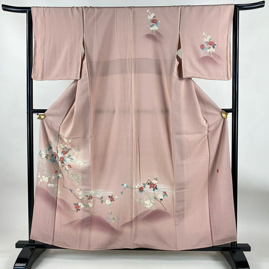 訪問服 身長158.5cm 袖長65cm M 雙層 落款あり 枝花 枝梅花 漸層 粉紅 純蠶絲 秀品級