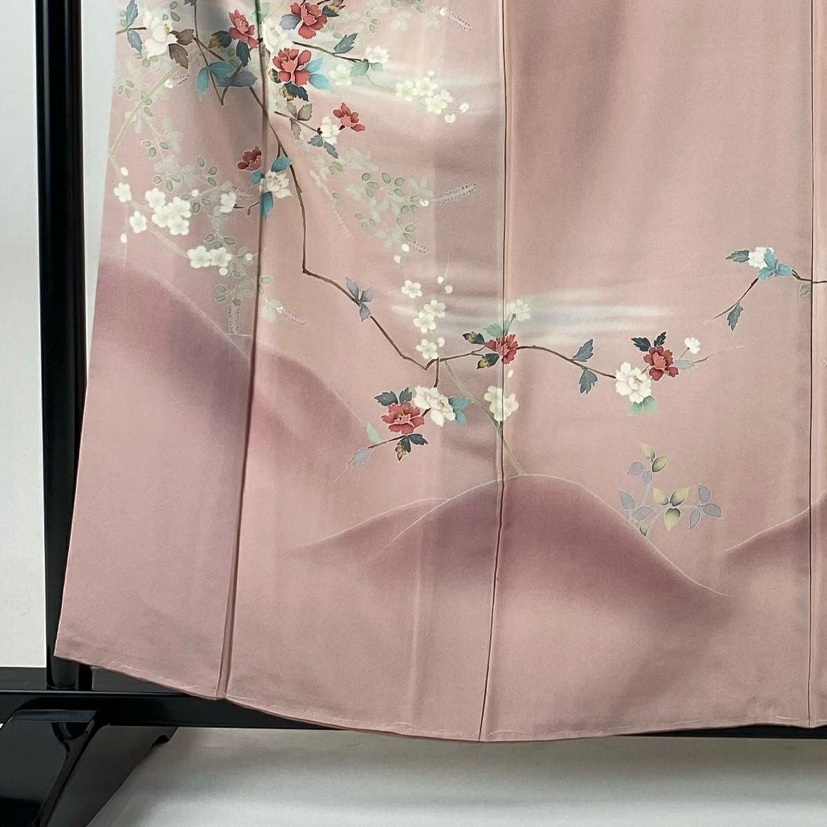 訪問服 身長158.5cm 袖長65cm M 雙層 落款あり 枝花 枝梅花 漸層 粉紅 純蠶絲 秀品級