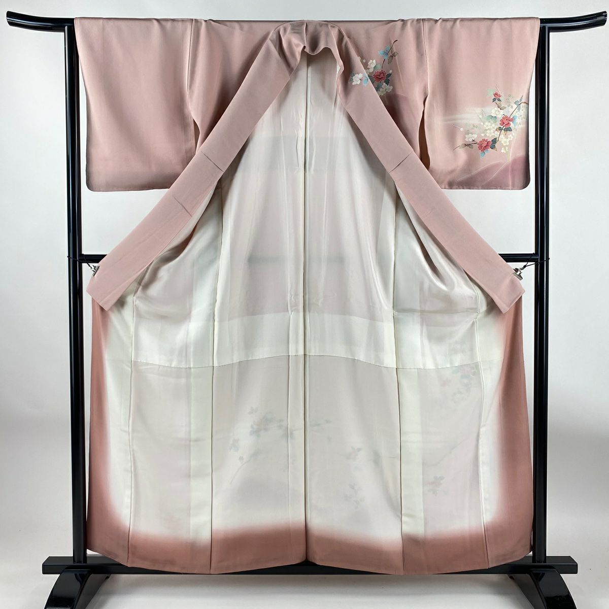 訪問服 身長158.5cm 袖長65cm M 雙層 落款あり 枝花 枝梅花 漸層 粉紅 純蠶絲 秀品級
