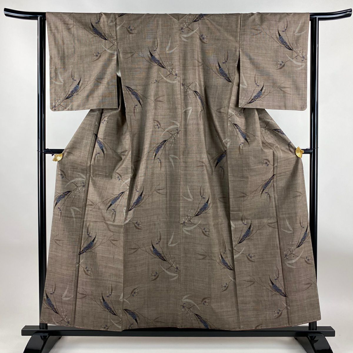 紬織 身長157.5cm 袖長62.5cm S 雙層 葉柄 草花紋紋 焦茶 純蠶絲 秀品級