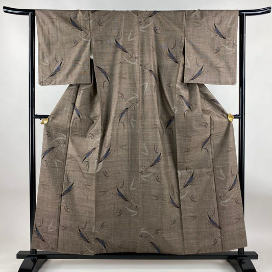 紬織 身長157.5cm 袖長62.5cm S 雙層 葉柄 草花紋紋 焦茶 純蠶絲 秀品級