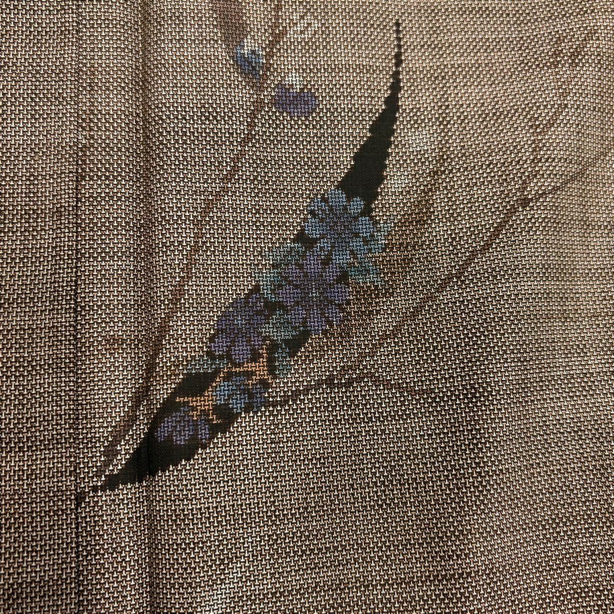 紬織 身長157.5cm 袖長62.5cm S 雙層 葉柄 草花紋紋 焦茶 純蠶絲 秀品級