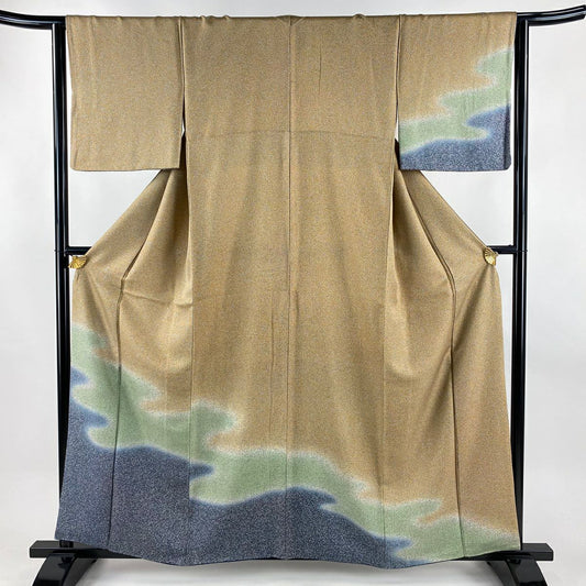 【美品】 付下 身長159.5cm 袖長63.5cm S 雙層 霞 幾何學 染分 ぼかし 淺茶 純蠶絲 優品級