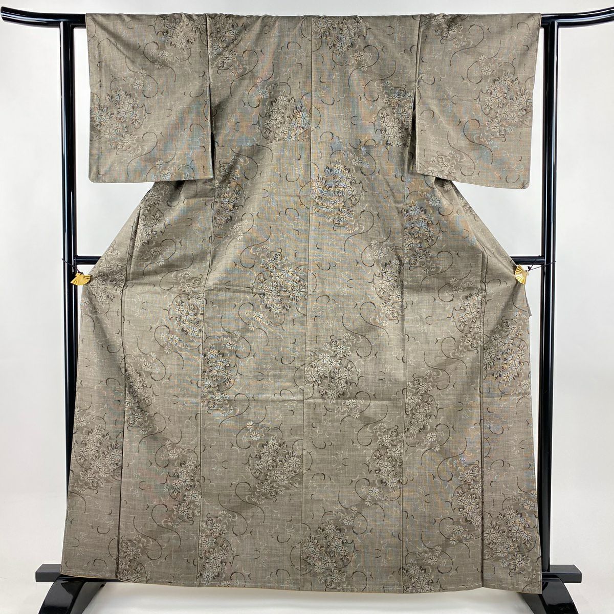 【美品】 紬織織 身長164cm 袖長62cm S 雙層 草花紋紋 唐草紋 焦茶 純蠶絲 秀品級
