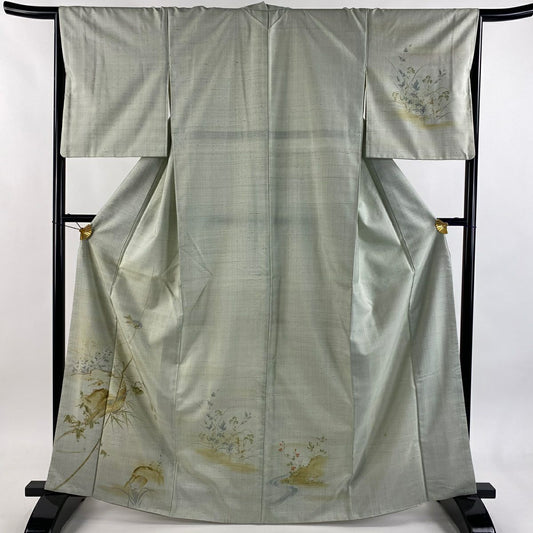 付下 身長166cm 袖長66cm M 雙層 紬織織 鳥 枝梅花 金糸 刺繡 灰綠 純蠶絲 秀品級