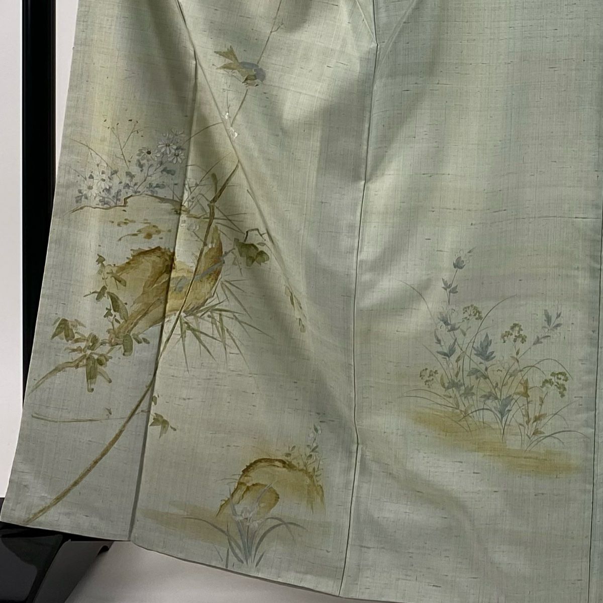 付下 身長166cm 袖長66cm M 雙層 紬織織 鳥 枝梅花 金糸 刺繡 灰綠 純蠶絲 秀品級
