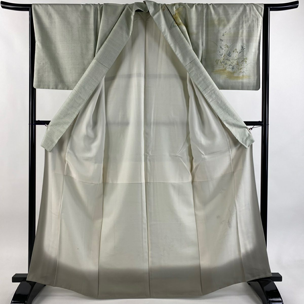 付下 身長166cm 袖長66cm M 雙層 紬織織 鳥 枝梅花 金糸 刺繡 灰綠 純蠶絲 秀品級