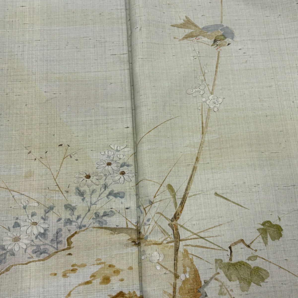 付下 身長166cm 袖長66cm M 雙層 紬織織 鳥 枝梅花 金糸 刺繡 灰綠 純蠶絲 秀品級