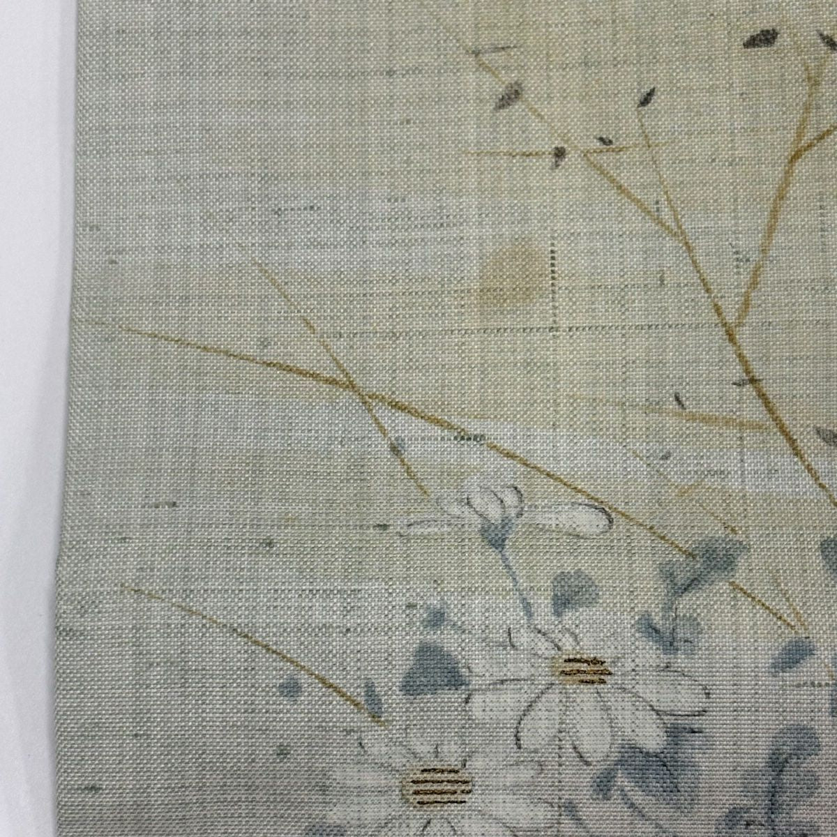 付下 身長166cm 袖長66cm M 雙層 紬織織 鳥 枝梅花 金糸 刺繡 灰綠 純蠶絲 秀品級