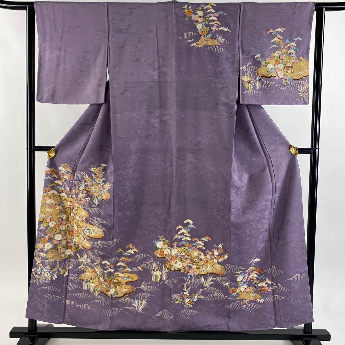 訪問服 身長156.5cm 袖長62cm S 雙層 家屋 松樹竹子梅花 金銀彩 紫 純蠶絲 秀品級