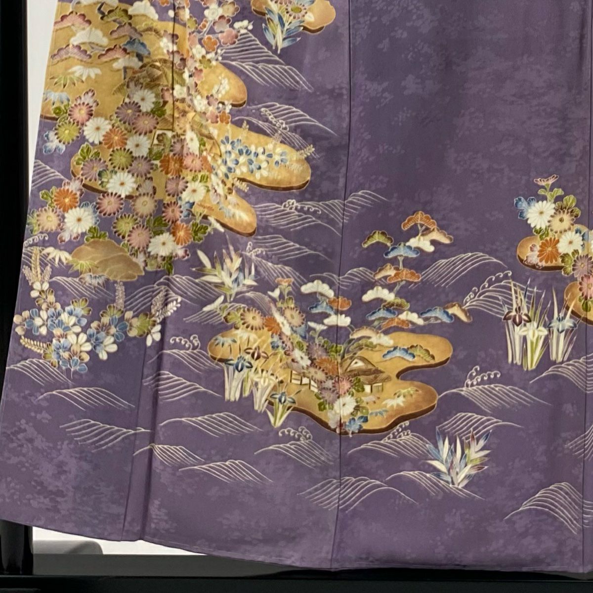 訪問服 身長156.5cm 袖長62cm S 雙層 家屋 松樹竹子梅花 金銀彩 紫 純蠶絲 秀品級