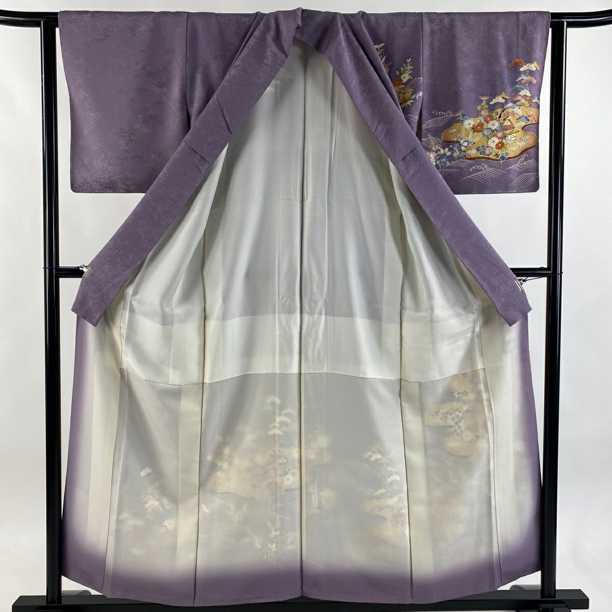訪問服 身長156.5cm 袖長62cm S 雙層 家屋 松樹竹子梅花 金銀彩 紫 純蠶絲 秀品級