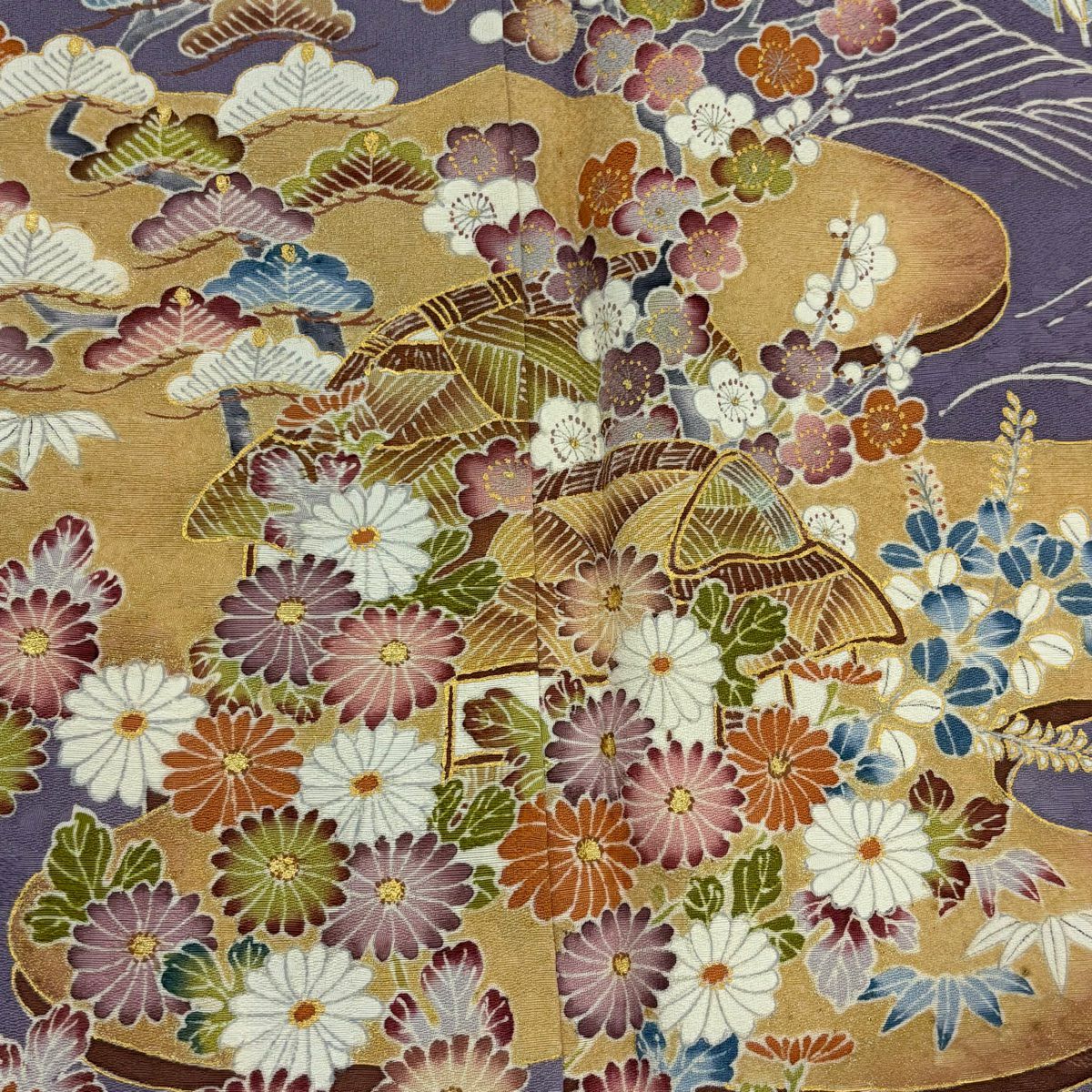 訪問服 身長156.5cm 袖長62cm S 雙層 家屋 松樹竹子梅花 金銀彩 紫 純蠶絲 秀品級