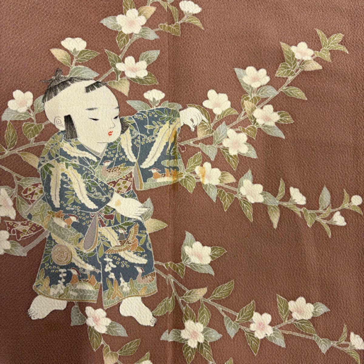付下 身長152cm 袖長63.5cm S 雙層 落款有 童 枝花 絞染 粉米色 純蠶絲 秀品級 一個紋