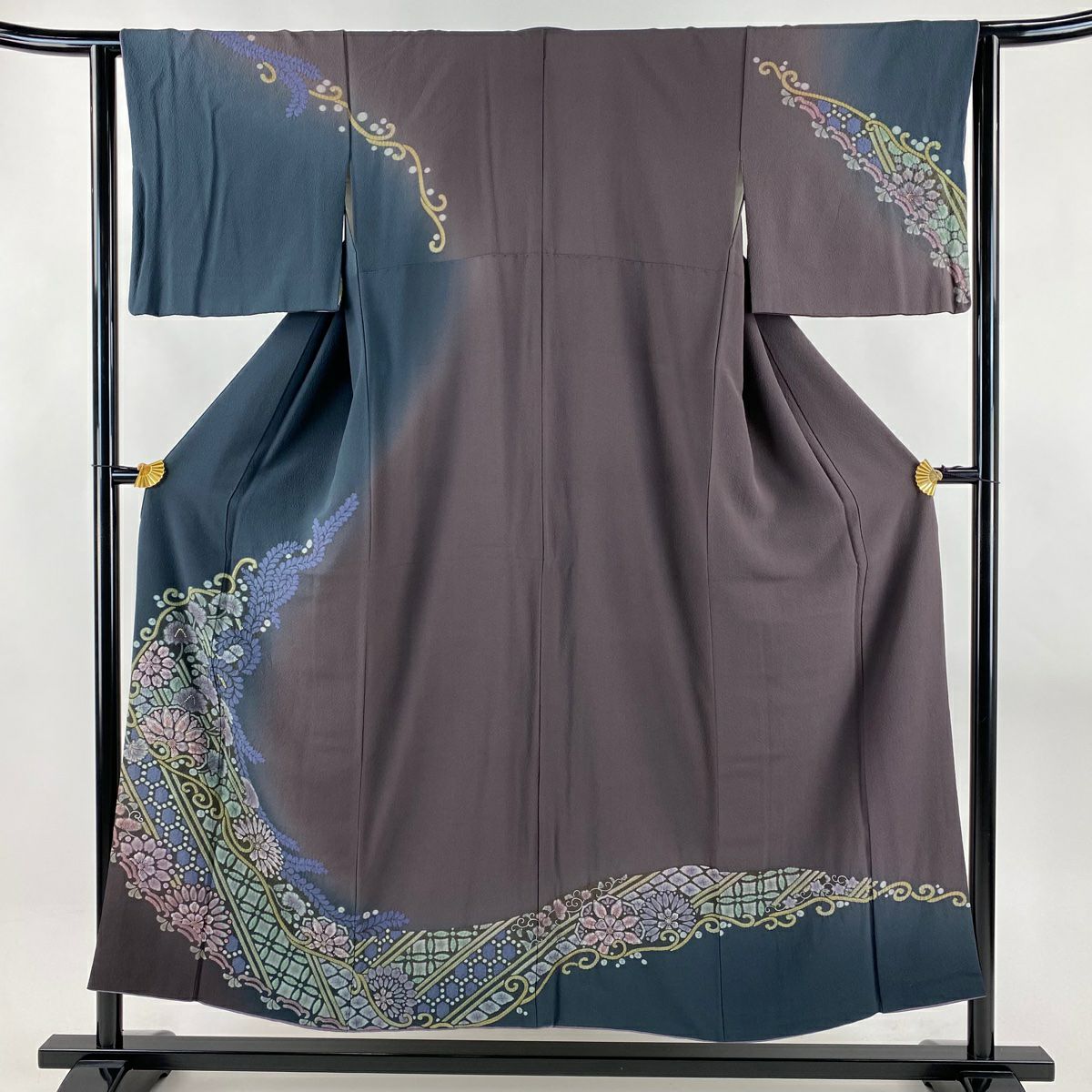 訪問服 身長151cm 袖長63cm S 雙層 草花紋紋 金彩裝飾 漸層 深藍 純蠶絲 優品級