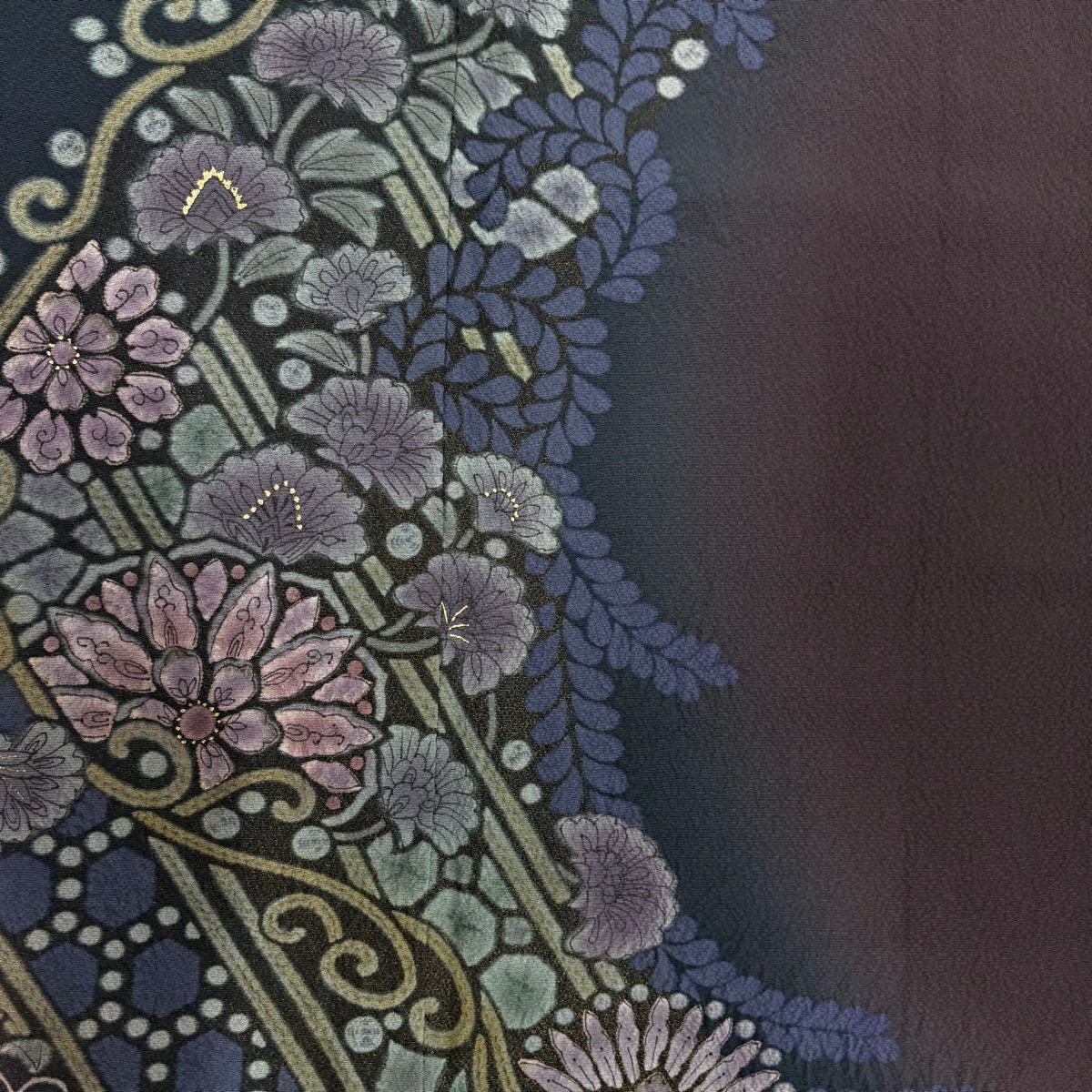 訪問服 身長151cm 袖長63cm S 雙層 草花紋紋 金彩裝飾 漸層 深藍 純蠶絲 優品級