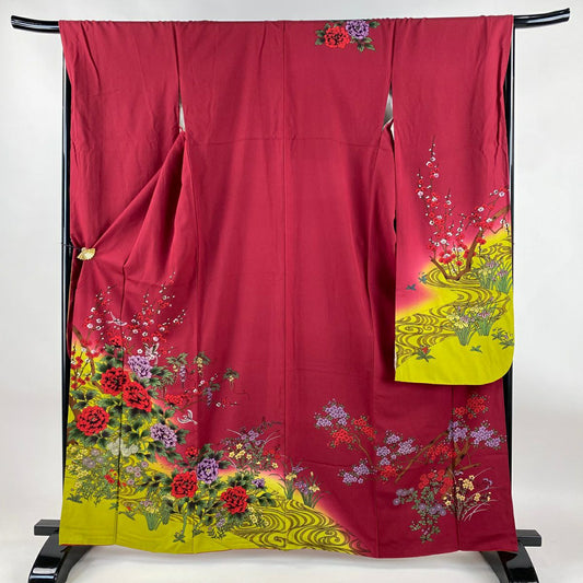 【美品】振袖禮服 身長163cm 袖長69cm L 雙層 草花紋紋 鳥圖案 漸層 深紅色 純蠶絲 優品級