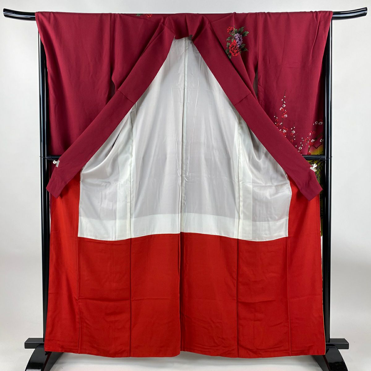 【美品】振袖禮服 身長163cm 袖長69cm L 雙層 草花紋紋 鳥圖案 漸層 深紅色 純蠶絲 優品級