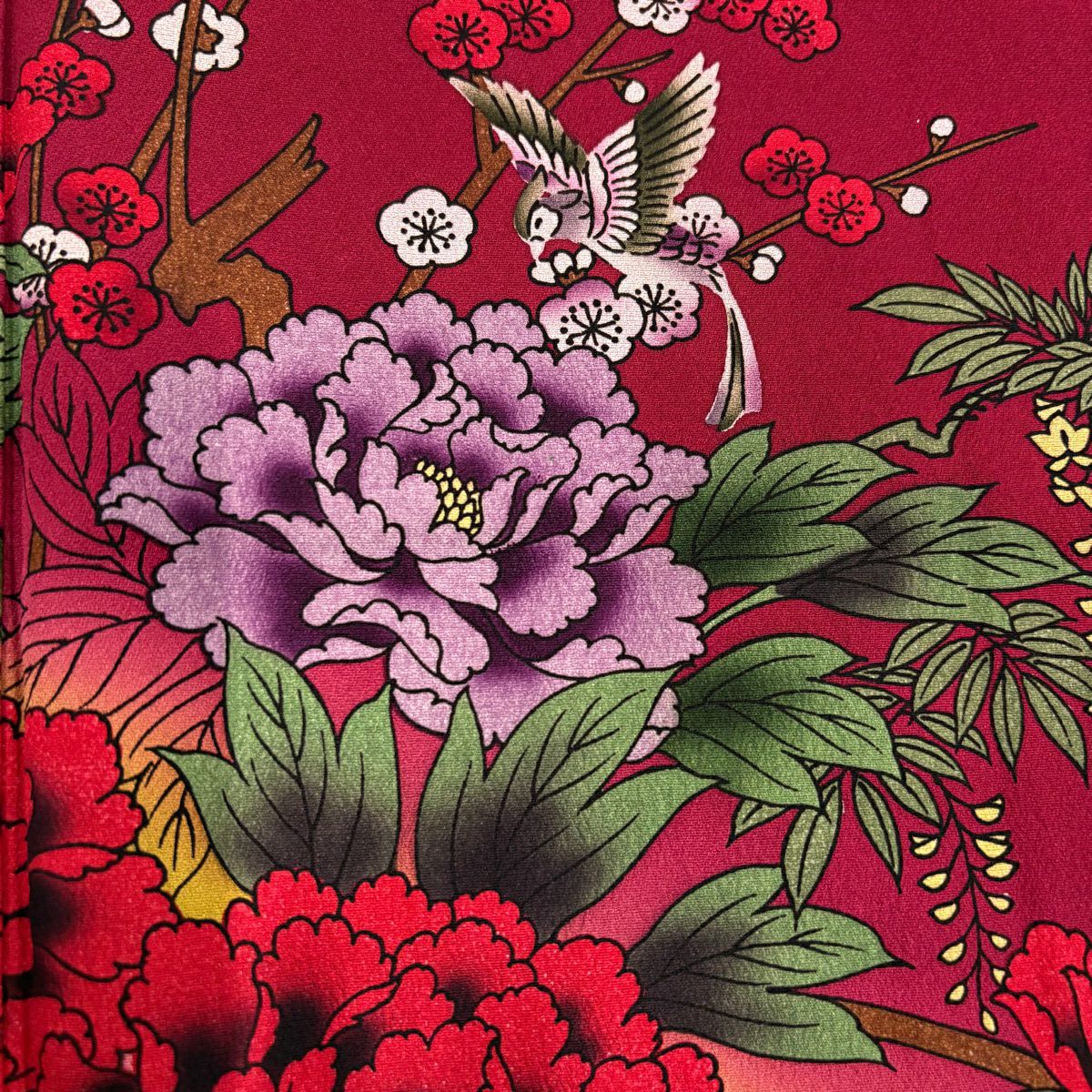 【美品】振袖禮服 身長163cm 袖長69cm L 雙層 草花紋紋 鳥圖案 漸層 深紅色 純蠶絲 優品級