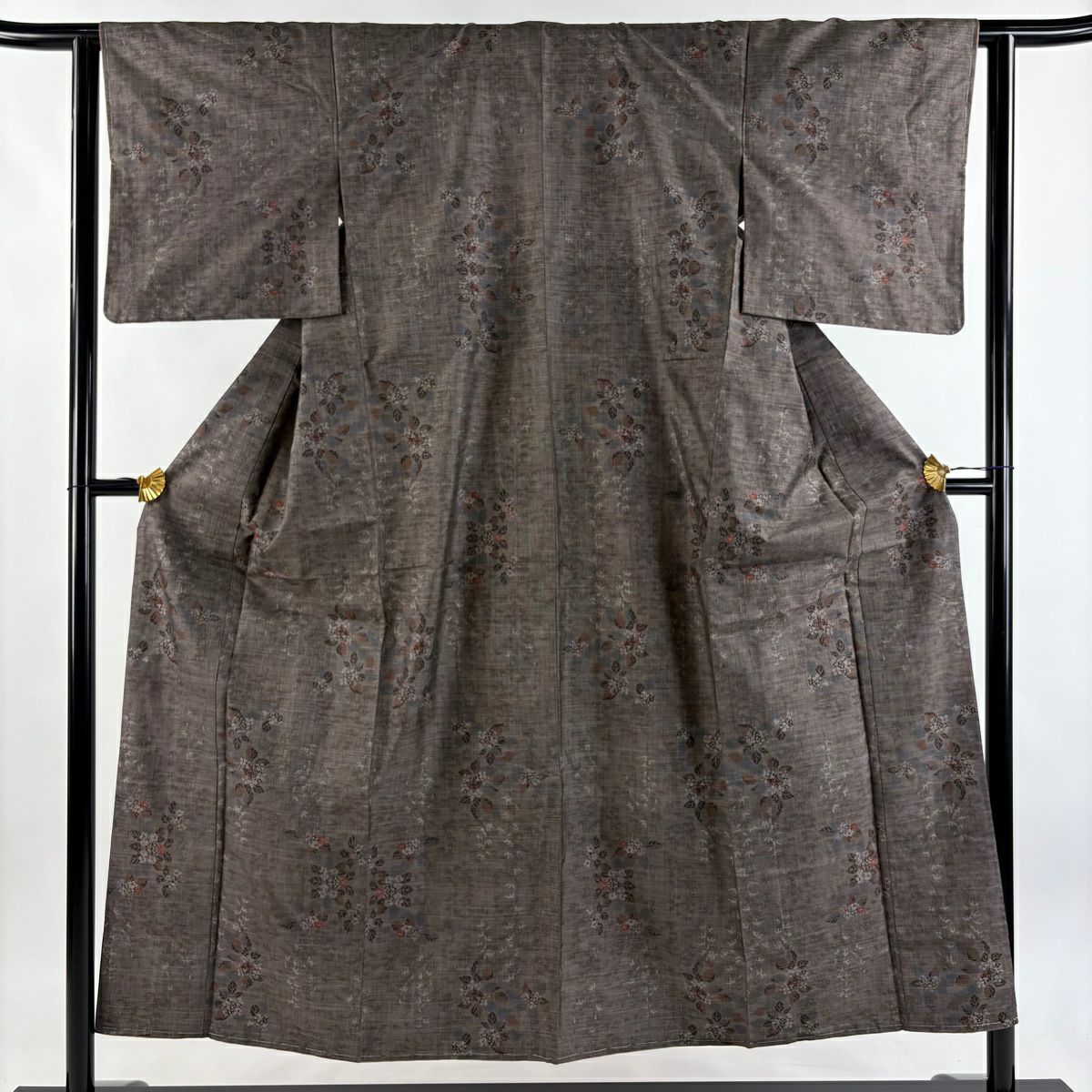 【美品】 紬織 身長152.5cm 袖長62cm S 雙層 草花紋紋 焦茶 純蠶絲 秀品級