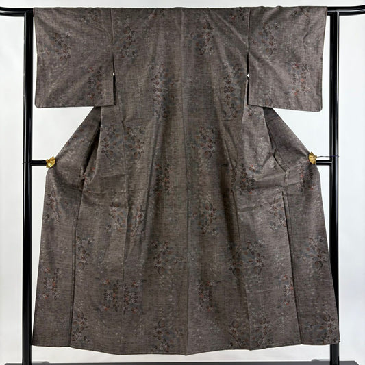 【美品】 紬織 身長152.5cm 袖長62cm S 雙層 草花紋紋 焦茶 純蠶絲 秀品級