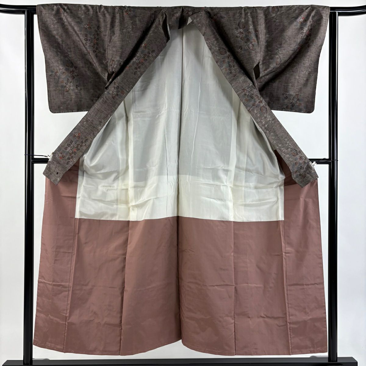 【美品】 紬織 身長152.5cm 袖長62cm S 雙層 草花紋紋 焦茶 純蠶絲 秀品級