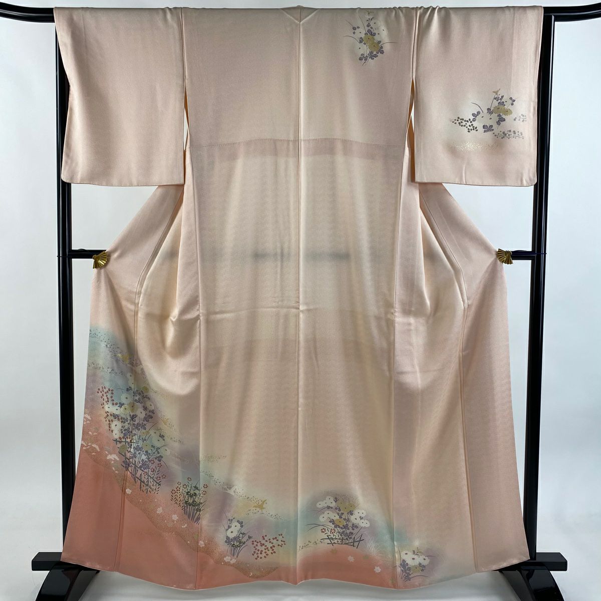 訪問服 身長163cm 袖長66cm M 雙層 大和 仙鶴 菊花 金銀彩 漸層 淺粉色 純蠶絲 優品級
