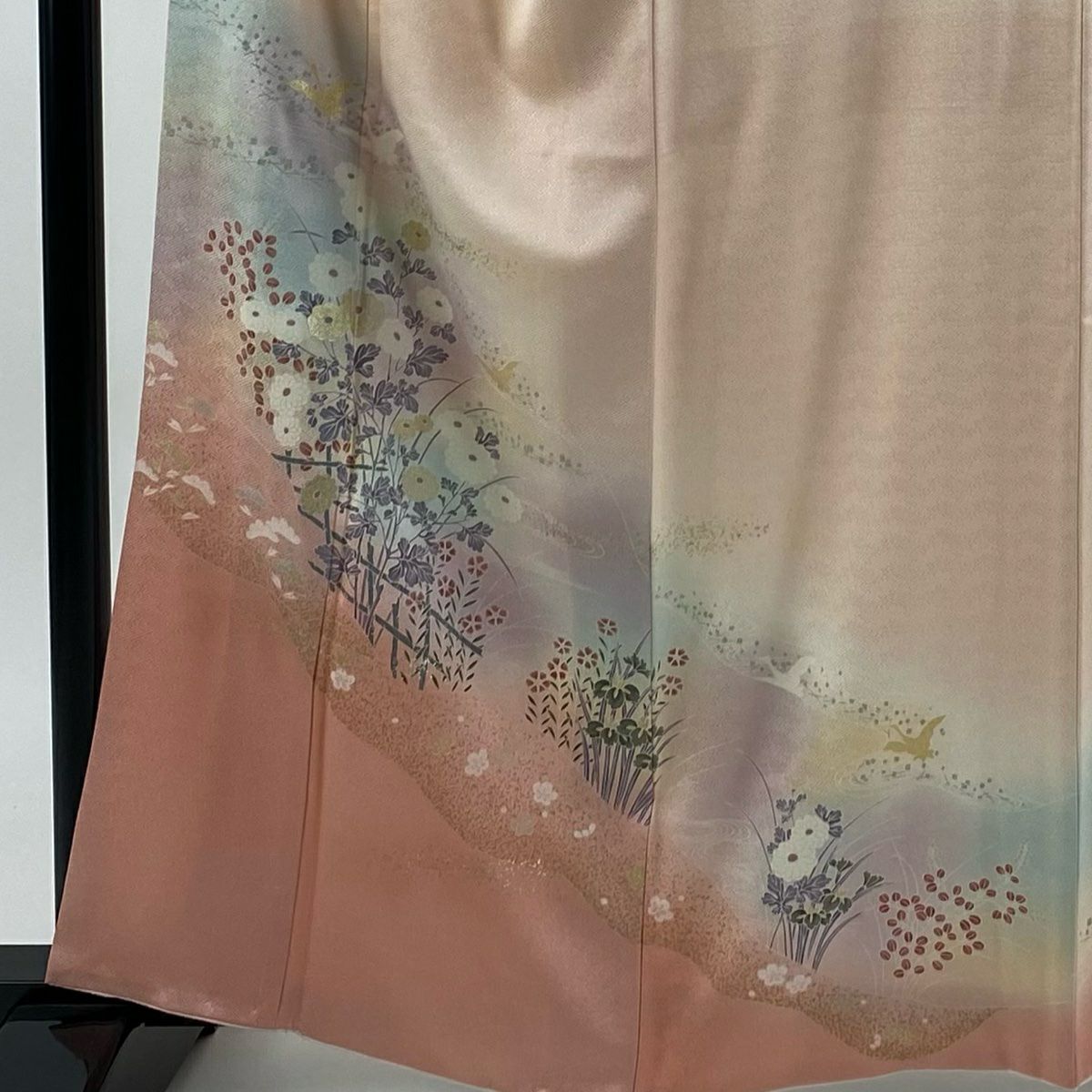 訪問服 身長163cm 袖長66cm M 雙層 大和 仙鶴 菊花 金銀彩 漸層 淺粉色 純蠶絲 優品級