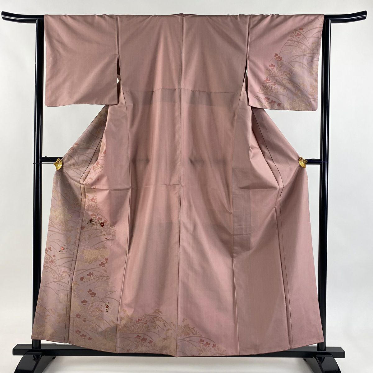 訪問服 身長158.5cm 袖長63cm S 雙層 紬織織 草花紋紋 扇子面刺繡 金糸 淡紫 純蠶絲 秀品級
