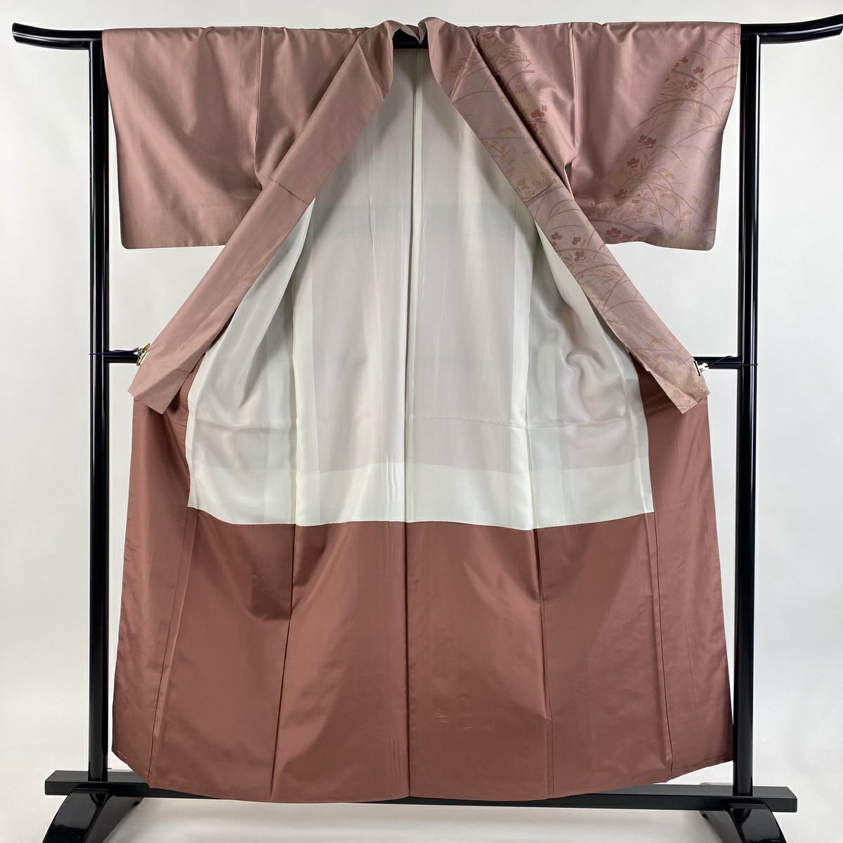 訪問服 身長158.5cm 袖長63cm S 雙層 紬織織 草花紋紋 扇子面刺繡 金糸 淡紫 純蠶絲 秀品級