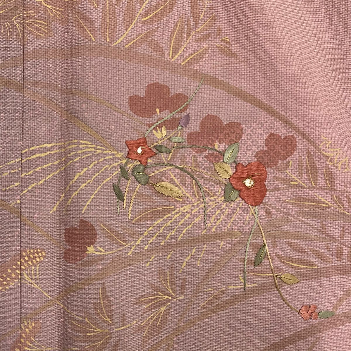 訪問服 身長158.5cm 袖長63cm S 雙層 紬織織 草花紋紋 扇子面刺繡 金糸 淡紫 純蠶絲 秀品級