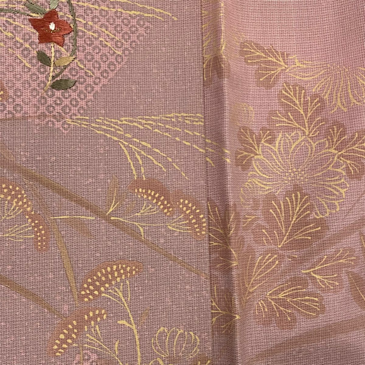 訪問服 身長158.5cm 袖長63cm S 雙層 紬織織 草花紋紋 扇子面刺繡 金糸 淡紫 純蠶絲 秀品級