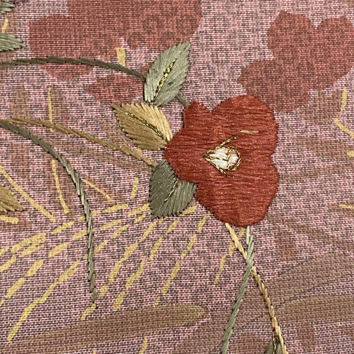 訪問服 身長158.5cm 袖長63cm S 雙層 紬織織 草花紋紋 扇子面刺繡 金糸 淡紫 純蠶絲 秀品級