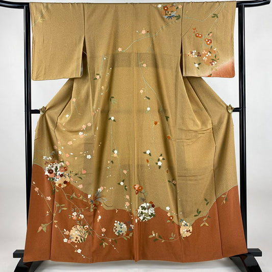 訪問服 身長162cm 袖長63cm S 雙層 雪輪 枝花 金彩裝飾 染分 薄茶 純蠶絲 秀品級