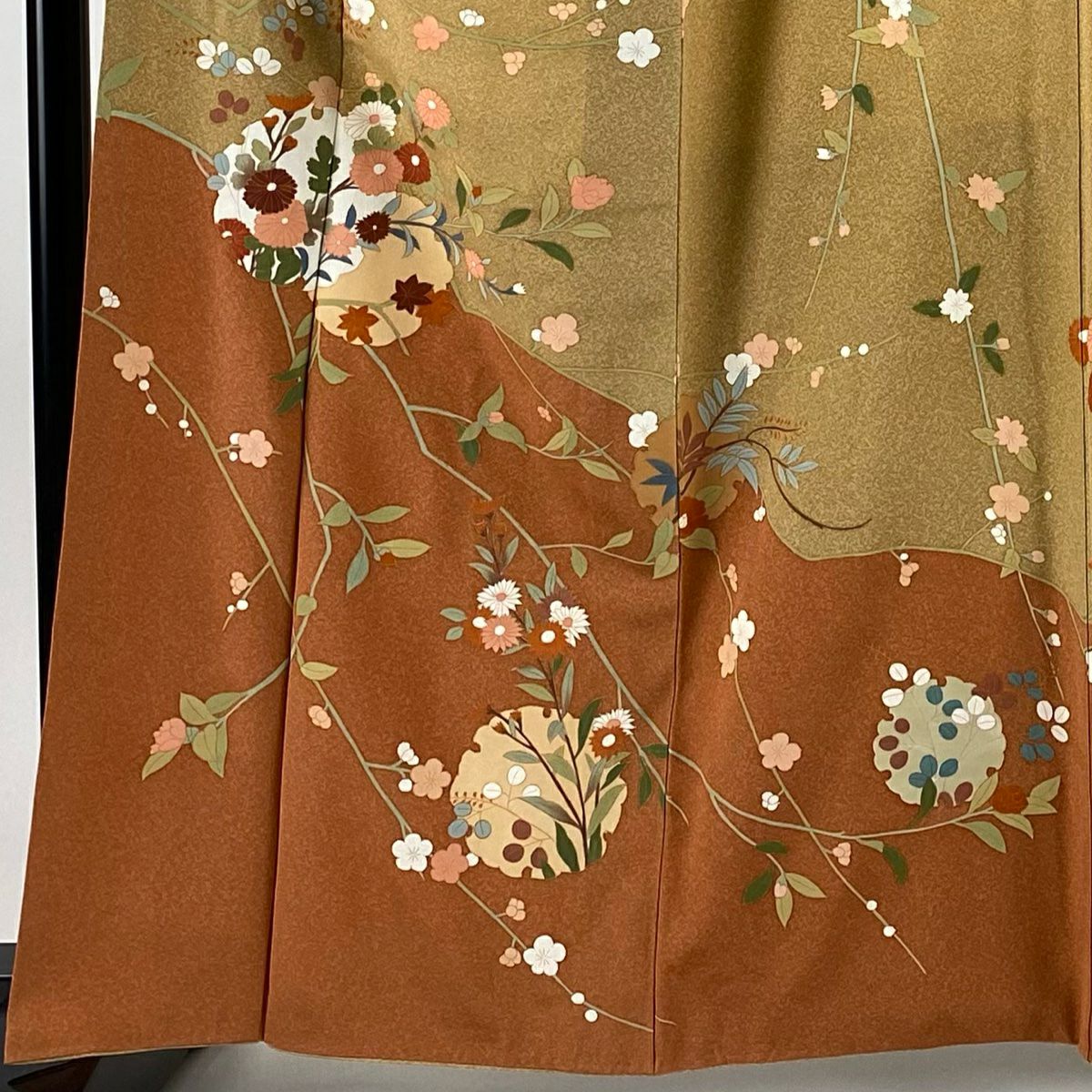 訪問服 身長162cm 袖長63cm S 雙層 雪輪 枝花 金彩裝飾 染分 薄茶 純蠶絲 秀品級