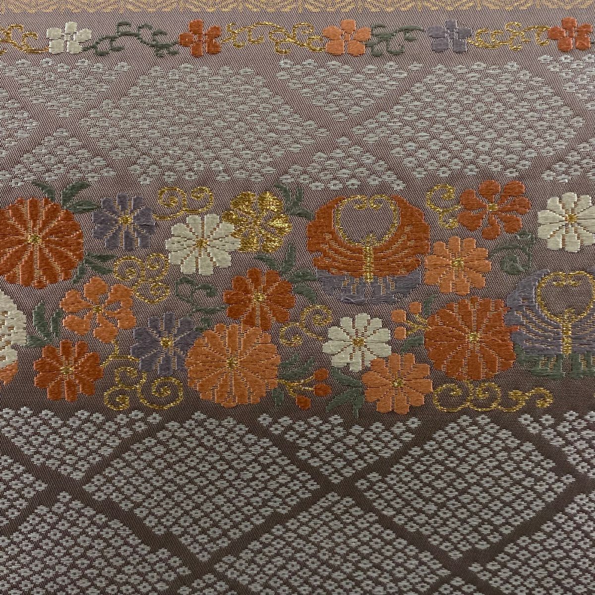 【美品】 名古屋帶 秀品級 草花紋紋 段紋 金絲 唐織 灰茶 純蠶絲