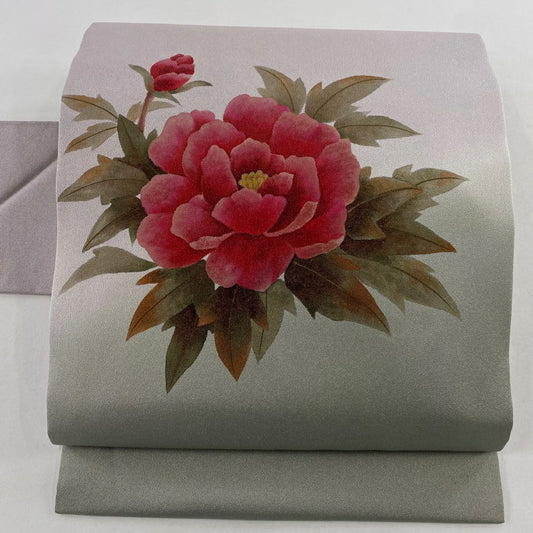 【美品】 名古屋帶 秀品級 牡丹 金銀彩 灰紫 純蠶絲